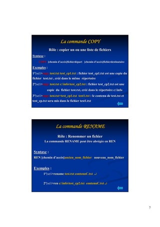 7 
LLLLLLLLaaaaaaaa ccccccccoooooooommmmmmmmmmmmmmmmaaaaaaaannnnnnnnddddddddeeeeeeee CCCCCCCCOOOOOOOOPPPPPPPPYYYYYYYY 
Rôle : copier un ou une liste de fichiers 
Syntaxe : 
COPY [chemin d’’accès]fichierdépart [chemin d’’accès]fichierdestinataire 
Exemples : 
1°) c:copy test.txt test_cp1.txt : fichier test_cp1.txt est une copie du 
fichier test.txt , créé dans le même répertoire 
2°) c:copy test.txt c:infotest_cp2.txt : fichier test_cp2.txt est une 
copie du fichier test.txt, créé dans le répertoire c:info 
3°) c:copy test.txt+test_cp1.txt test1.txt : le contenu de test.txt et 
test_cp.txt sera mis dans le fichier test1.txt 
LLLLLLLLaaaaaaaa ccccccccoooooooommmmmmmmmmmmmmmmaaaaaaaannnnnnnnddddddddeeeeeeee RRRRRRRREEEEEEEENNNNNNNNAAAAAAAAMMMMMMMMEEEEEEEE 
Rôle : Renommer un fichier 
La commande RENAME peut être abrégée en REN 
Syntaxe : 
REN [chemin d’’accès]ancien_nom_fichier nouveau_nom_fichier 
Exemples : 
1°) c:rename test.txt contenuC.txt ¿ 
2°) c:ren c:infotest_cp2.txt contenuC.txt ¿ 
 