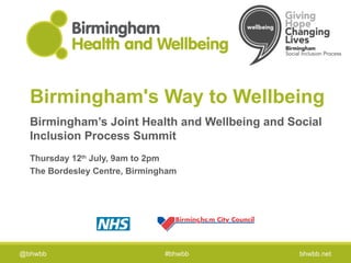 Birmingham's Way to Wellbeing
  Birmingham’s Joint Health and Wellbeing and Social
  Inclusion Process Summit
  Thursday 12th July, 9am to 2pm
  The Bordesley Centre, Birmingham




@bhwbb                         #bhwbb           bhwbb.net
 