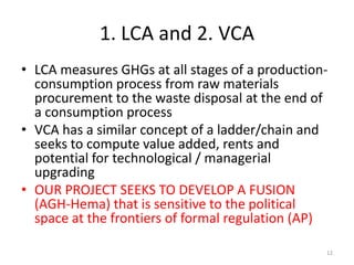 1. LCA and 2. VCA
• LCA measures GHGs at all stages of a productionconsumption process from raw materials
procurement to t...