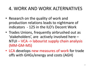 4. WORK AND WORK ALTERNATIVES
• Research on the quality of work and
production relations leads to nightmare of
indicators ...