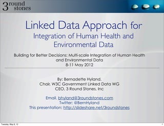 Linked Data Approach for
                       Integration of Human Health and
                              Environmental Data
             Building for Better Decisions: Multi-scale Integration of Human Health
                                    and Environmental Data
                                          8-11 May 2012


                                   By: Bernadette Hyland,
                          Chair, W3C Government Linked Data WG
                                  CEO, 3 Round Stones, Inc

                              Email. bhyland@3roundstones.com
                                     Twitter: @BernHyland
                     This presentation: http://slideshare.net/3roundstones



Tuesday, May 8, 12                                                                    1
 