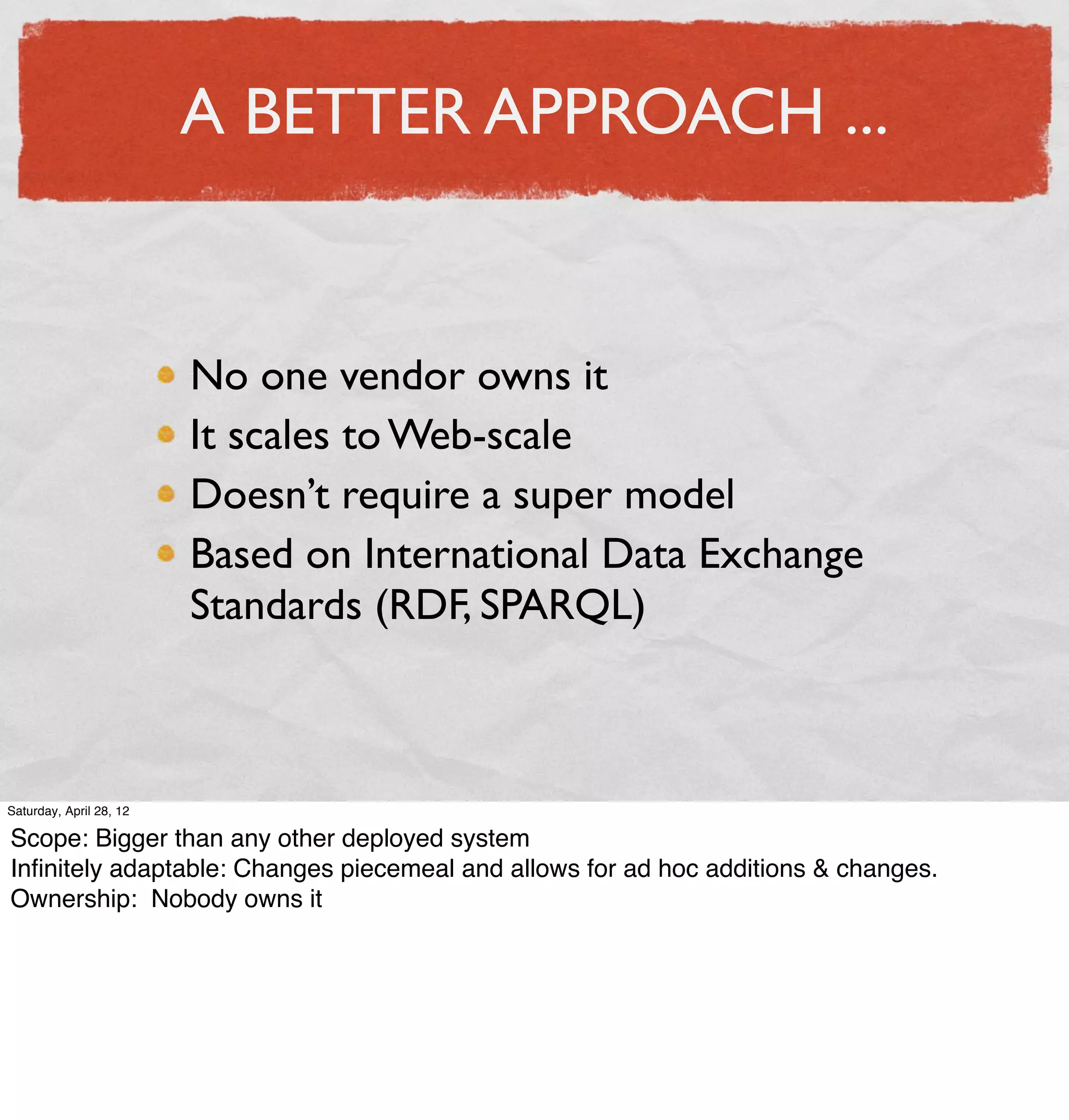A BETTER APPROACH ...


                         No one vendor owns it
                         It scales to Web-scale
                         Doesn’t require a super model
                         Based on International Data Exchange
                         Standards (RDF, SPARQL)



Saturday, April 28, 12

Scope: Bigger than any other deployed system
Inﬁnitely adaptable: Changes piecemeal and allows for ad hoc additions & changes.
Ownership: Nobody owns it
 