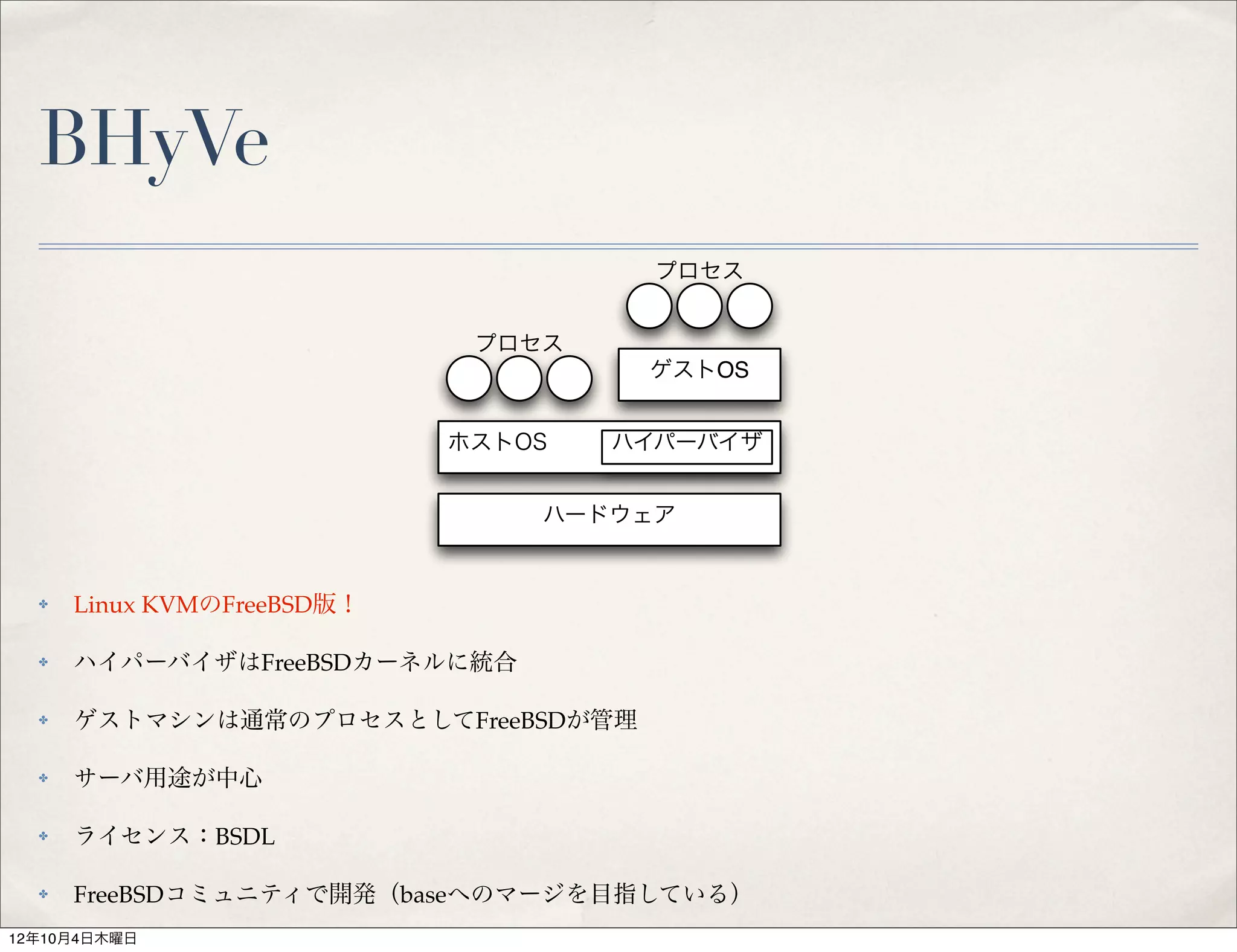 BHyVe
                                      プロセス


                             プロセス
                                     ゲストOS


                            ホストOS   ハイパーバイザ


                                ハードウェア


  ✤   Linux KVMのFreeBSD版！

  ✤   ハイパーバイザはFreeBSDカーネルに統合

  ✤   ゲストマシンは通常のプロセスとしてFreeBSDが管理

  ✤   サーバ用途が中心

  ✤   ライセンス：BSDL

  ✤   FreeBSDコミュニティで開発（baseへのマージを目指している）
12年10月4日木曜日
 