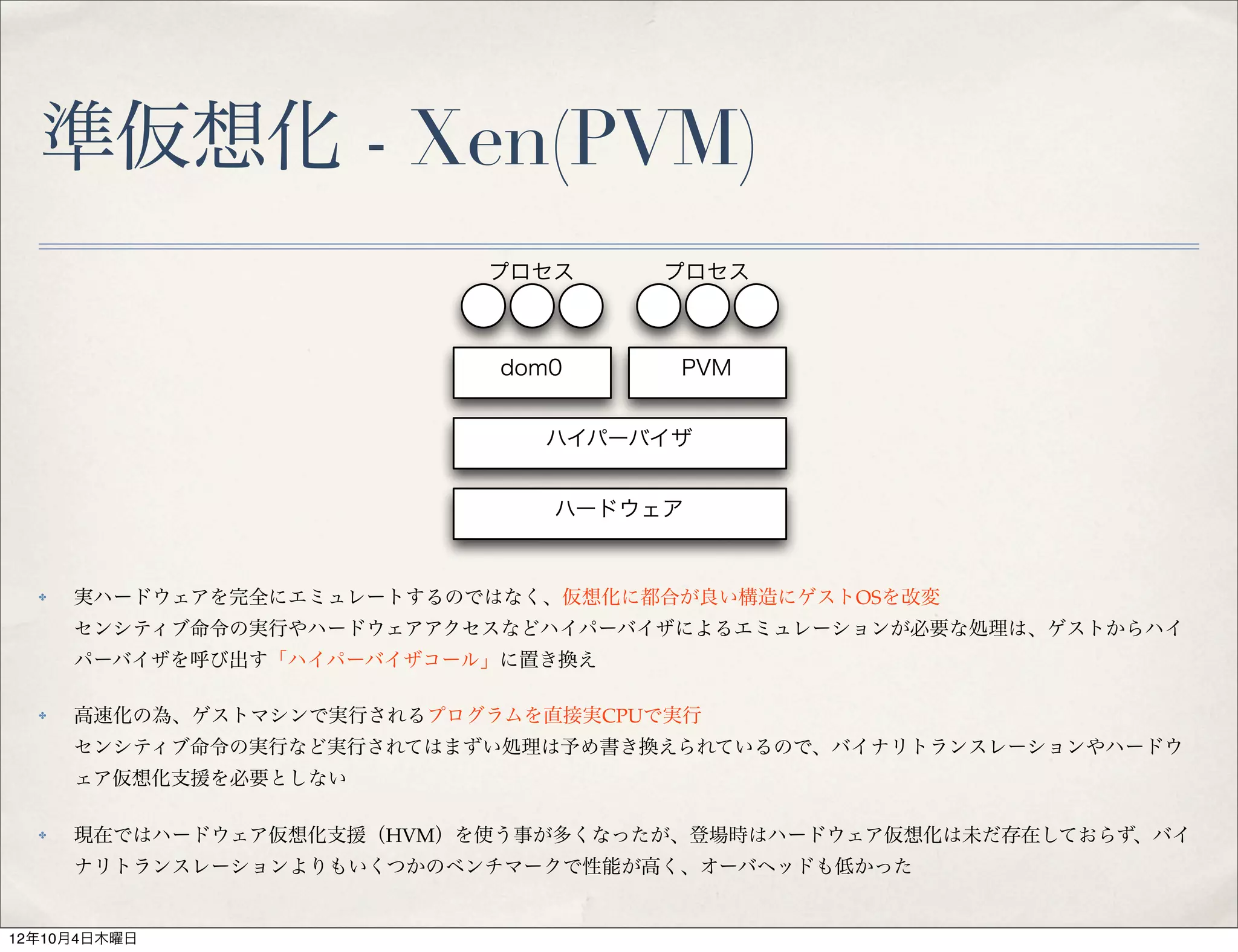 準仮想化 - Xen(PVM)
                           プロセス     プロセス



                            dom0     PVM


                              ハイパーバイザ


                               ハードウェア


  ✤   実ハードウェアを完全にエミュレートするのではなく、仮想化に都合が良い構造にゲストOSを改変
      センシティブ命令の実行やハードウェアアクセスなどハイパーバイザによるエミュレーションが必要な処理は、ゲストからハイ
      パーバイザを呼び出す「ハイパーバイザコール」に置き換え

  ✤   高速化の為、ゲストマシンで実行されるプログラムを直接実CPUで実行
      センシティブ命令の実行など実行されてはまずい処理は予め書き換えられているので、バイナリトランスレーションやハードウ
      ェア仮想化支援を必要としない

  ✤   現在ではハードウェア仮想化支援（HVM）を使う事が多くなったが、登場時はハードウェア仮想化は未だ存在しておらず、バイ
      ナリトランスレーションよりもいくつかのベンチマークで性能が高く、オーバヘッドも低かった


12年10月4日木曜日
 