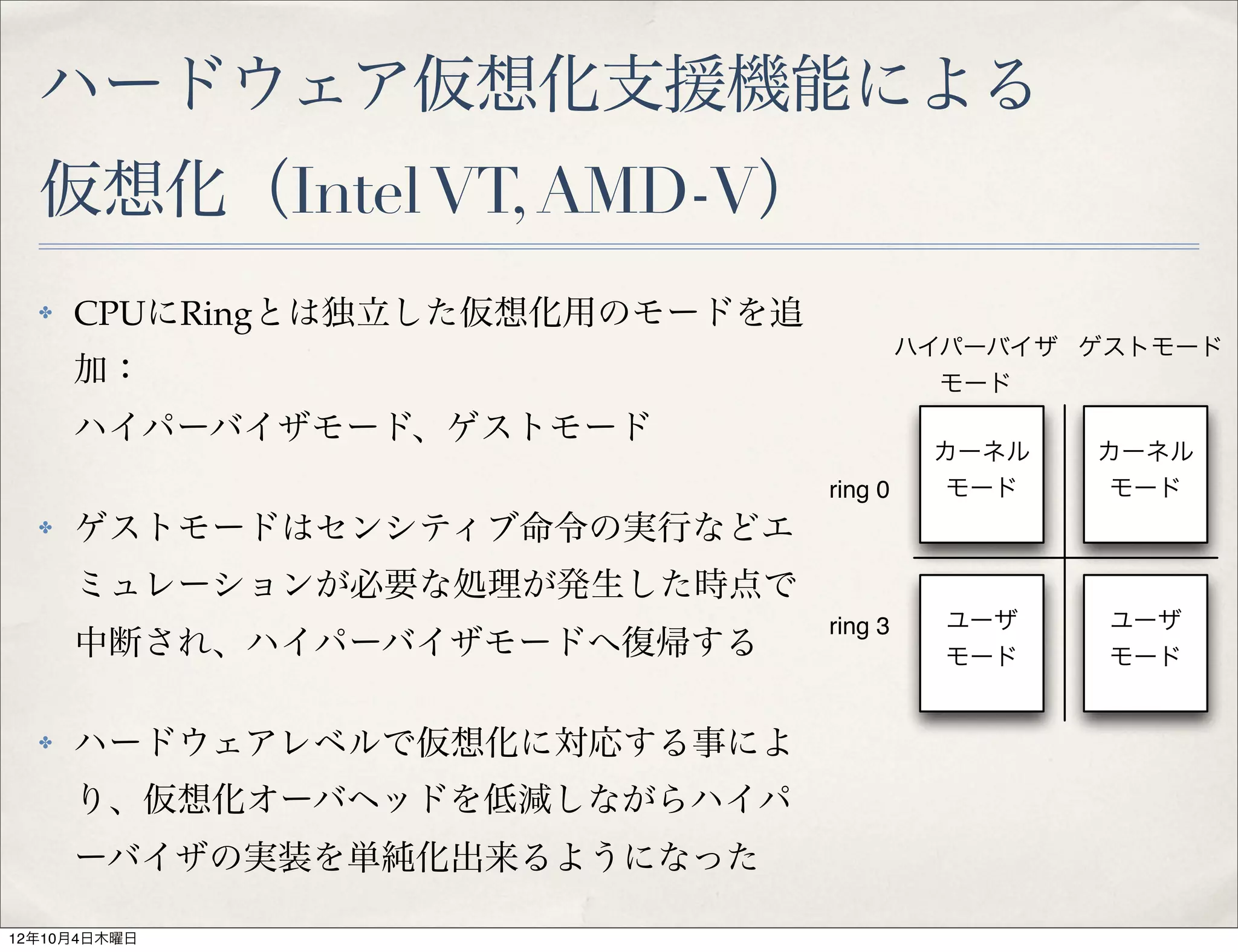 ハードウェア仮想化支援機能による
  仮想化（Intel VT, AMD-V）
  ✤   CPUにRingとは独立した仮想化用のモードを追
                                          ハイパーバイザ ゲストモード
      加：                                    モード
      ハイパーバイザモード、ゲストモード
                                           カーネル   カーネル
                                 ring 0     モード    モード
  ✤   ゲストモードはセンシティブ命令の実行などエ
      ミュレーションが必要な処理が発生した時点で
                                 ring 3     ユーザ    ユーザ
      中断され、ハイパーバイザモードへ復帰する                  モード    モード


  ✤   ハードウェアレベルで仮想化に対応する事によ
      り、仮想化オーバヘッドを低減しながらハイパ
      ーバイザの実装を単純化出来るようになった

12年10月4日木曜日
 
