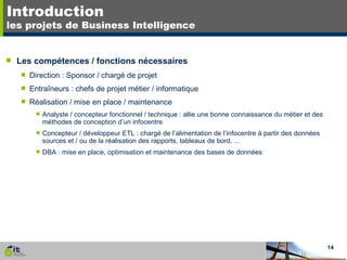 Introduction les projets de Business Intelligence Les compétences / fonctions nécessaires Direction : Sponsor / chargé de projet Entraîneurs : chefs de projet métier / informatique Réalisation / mise en place / maintenance Analyste / concepteur fonctionnel / technique : allie une bonne connaissance du métier et des méthodes de conception d’un infocentre Concepteur / développeur ETL : chargé de l’alimentation de l’infocentre à partir des données sources et / ou de la réalisation des rapports, tableaux de bord, ... DBA : mise en place, optimisation et maintenance des bases de données 