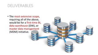 • The most extensive scope,
requiring all of the above,
would be for a first-time BI,
data warehouse (DW), or
master data management
(MDM) initiative.
DELIVERABLES
 