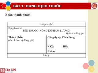 BÀI 1: DUNG DỊCH THUỐC
27
Nhãn thành phẩm
Nơi pha chế
TÊN THUỐC- NỒNG ĐỘ/HÀM LƯỢNG
Dạng bào chế
Qui cách đóng gói
Thành phần:
(cho 1 đơn vị đóng gói)
Công dụng- Cách dùng:
NSX: HD:
Nhóm:
Lưu ý
 