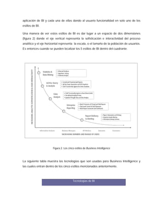 aplicación de BI y cada una de ellas dando al usuario funcionalidad en solo uno de los
estilos de BI.
Una manera de ver estos estilos de BI es dar lugar a un espacio de dos dimensiones
(figura 2) donde el eje vertical representa la sofisticación e interactividad del proceso
analítico y el eje horizontal representa la escala, o el tamaño de la población de usuarios.
Es entonces cuando se pueden localizar los 5 estilos de BI dentro del cuadrante.
Figura 2. Los cinco estilos de Business Intelligence
La siguiente tabla muestra las tecnologías que son usadas para Business Intelligence y
las cuales entran dentro de los cinco estilos mencionados anteriormente.
Tecnologías de BI
 