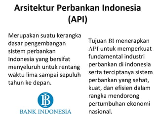 Arsitektur Perbankan Indonesia
(API)
Merupakan suatu kerangka
dasar pengembangan
sistem perbankan
Indonesia yang bersifat
menyeluruh untuk rentang
waktu lima sampai sepuluh
tahun ke depan.

Tujuan BI menerapkan
API untuk memperkuat
fundamental industri
perbankan di indonesia
serta terciptanya sistem
perbankan yang sehat,
kuat, dan efisien dalam
rangka mendorong
pertumbuhan ekonomi
nasional.

 