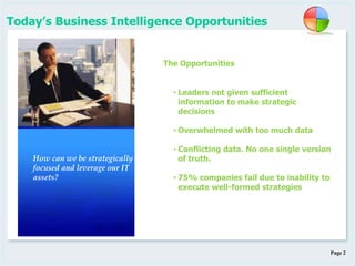Page 2
The Opportunities
• Leaders not given sufficient
information to make strategic
decisions
• Overwhelmed with too much data
• Conflicting data. No one single version
of truth.
• 75% companies fail due to inability to
execute well-formed strategies
Today’s Business Intelligence Opportunities
How can we be strategically
focused and leverage our IT
assets?
 