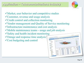 Page 40
Application – Telecommunications Industry
Market, user behavior and competitive studies
Customer, revenue and usage analysis
Credit control and collection monitoring
Vendor management and Quality of Service monitoring
Infrastructure maintenance and cost analysis
Mobile maintenance teams - usage and job analysis
Safety and health incident monitoring
Outage and response time analysis
Cost budgeting and control
 