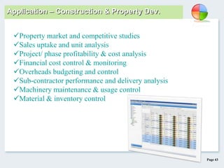 Page 43
Application – Construction & Property Dev.
Property market and competitive studies
Sales uptake and unit analysis
Project/ phase profitability & cost analysis
Financial cost control & monitoring
Overheads budgeting and control
Sub-contractor performance and delivery analysis
Machinery maintenance & usage control
Material & inventory control
 