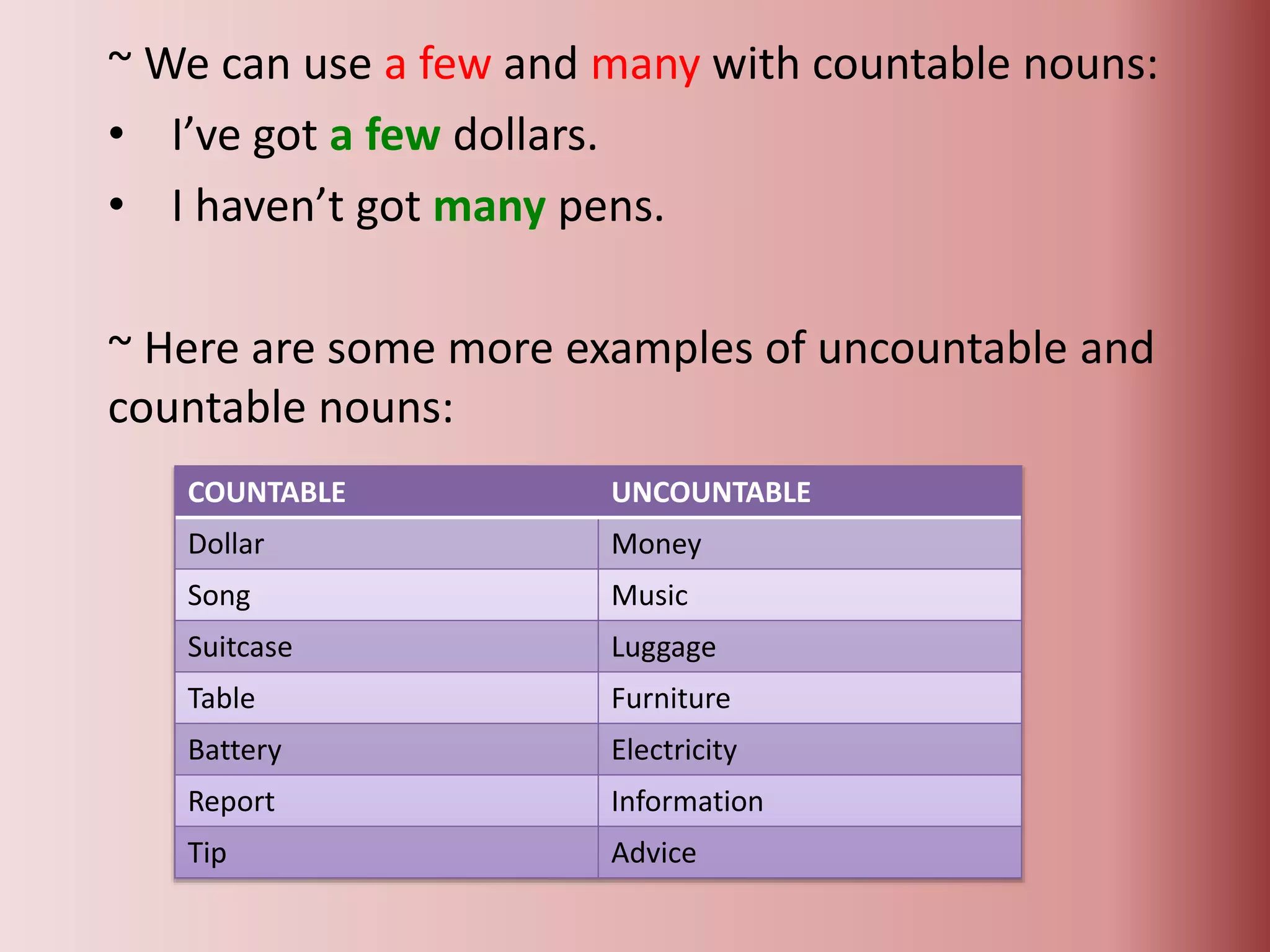 ~ We can use a few and many with countable nouns:
• I’ve got a few dollars.
• I haven’t got many pens.
~ Here are some more examples of uncountable and
countable nouns:
COUNTABLE UNCOUNTABLE
Dollar Money
Song Music
Suitcase Luggage
Table Furniture
Battery Electricity
Report Information
Tip Advice
 