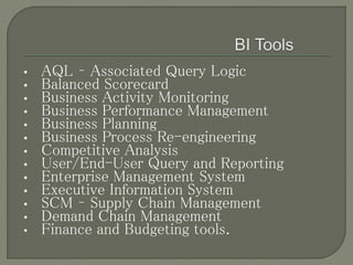• AQL – Associated Query Logic
• Balanced Scorecard
• Business Activity Monitoring
• Business Performance Management
• Business Planning
• Business Process Re-engineering
• Competitive Analysis
• User/End-User Query and Reporting
• Enterprise Management System
• Executive Information System
• SCM – Supply Chain Management
• Demand Chain Management
• Finance and Budgeting tools.
 
