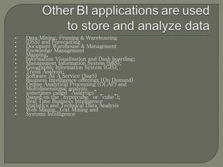 • Data Mining, Framing & Warehousing
• (DSS) and Forecasting
• Document Warehouse & Management
• Knowledge Management
• Mapping,
• Information Visualization and Dash boarding;
• Management Information System (MIS);
• Geographic Information System (GIS);
• Trend Analysis;
• Software As A Service (SaaS)
• Business Intelligence offerings (On Demand)
• Online Analytical Processing (OLAP) and
• Multidimensional analysis
• sometimes called "Analytics"
• (based on the "hypercube" or "cube");
• Real Time Business Intelligence
• Statistics and Technical Data Analysis
• Web Mining, Text Mining and
• Systems Intelligence
 