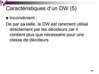19
Caractéristiques d’un DW (5)
 Inconvénient :
De par sa taille, le DW est rarement utilisé
directement par les décideurs car il
contient plus que nécessaire pour une
classe de décideurs
 