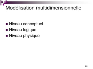 23
Modélisation multidimensionnelle
 Niveau conceptuel
 Niveau logique
 Niveau physique
 