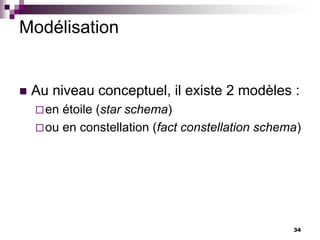 34
Modélisation
 Au niveau conceptuel, il existe 2 modèles :
en étoile (star schema)
ou en constellation (fact constellation schema)
 