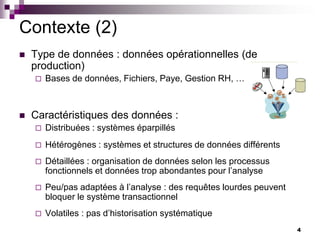 4
Contexte (2)
 Type de données : données opérationnelles (de
production)
 Bases de données, Fichiers, Paye, Gestion RH, …
 Caractéristiques des données :
 Distribuées : systèmes éparpillés
 Hétérogènes : systèmes et structures de données différents
 Détaillées : organisation de données selon les processus
fonctionnels et données trop abondantes pour l’analyse
 Peu/pas adaptées à l’analyse : des requêtes lourdes peuvent
bloquer le système transactionnel
 Volatiles : pas d’historisation systématique
 