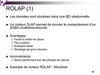 40
ROLAP (1)
 Les données sont stockées dans une BD relationnelle
 Un moteur OLAP permet de simuler le comportement d’un
SGBD multidimensionnel
 Avantages :
 Facile à mettre en place
 Peu couteux
 Evolution facile
 Stockage de gros volumes
 Inconvénients :
 Moins performant lors des phases de calculs
 Exemple de moteur ROLAP : Mondrian
 