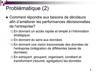 6
Problématique (2)
 Comment répondre aux besoins de décideurs
afin d’améliorer les performances décisionnelles
de l’entreprise?
 En donnant un accès rapide et simple à l’information
stratégique
 En donnant du sens aux données
 En donnant une vision transversale des données de
l’entreprise (intégration de différentes bases de
données)
 En extrayant, groupant, organisant, corrélant et
transformant (résumé, agrégation) les données
 