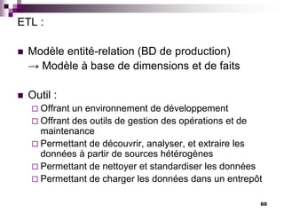 60
ETL :
 Modèle entité-relation (BD de production)
→ Modèle à base de dimensions et de faits
 Outil :
 Offrant un environnement de développement
 Offrant des outils de gestion des opérations et de
maintenance
 Permettant de découvrir, analyser, et extraire les
données à partir de sources hétérogènes
 Permettant de nettoyer et standardiser les données
 Permettant de charger les données dans un entrepôt
 