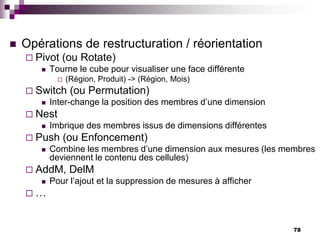 78
 Opérations de restructuration / réorientation
 Pivot (ou Rotate)
 Tourne le cube pour visualiser une face différente
 (Région, Produit) -> (Région, Mois)
 Switch (ou Permutation)
 Inter-change la position des membres d’une dimension
 Nest
 Imbrique des membres issus de dimensions différentes
 Push (ou Enfoncement)
 Combine les membres d’une dimension aux mesures (les membres
deviennent le contenu des cellules)
 AddM, DelM
 Pour l’ajout et la suppression de mesures à afficher
 …
 