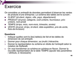 85
Exercice
On considère un entrepôt de données permettant d’observer les ventes
de produits d’une entreprise. Le schéma des tables est le suivant :
 CLIENT (id-client, région, ville, pays, département)
 PRODUIT (id-prod, catégorie, coût-unitaire, fournisseur, prix-
unitaire, nom-prod)
 TEMPS (id-tps, mois, nom-mois, trimestre, année)
 VENTE (id-prod, id-tps, id-client, date-expédition, prix-de-vente,
frais-de-livraison)
Questions
1. Indiquer quelles sont la (les) table(s) de fait et les tables de
dimension de cet entrepôt.
2. Donner pour chaque dimension, sa (multi-) hiérarchie.
3. Donner la représentation du schéma en étoile de l’entrepôt selon la
notation de Golfarelli.
4. On veut transformer ce schéma en schéma en flocon. Donner la
nouvelle représentation de la table TEMPS (ajouter des paramètres
/ attributs, si nécessaire)
 