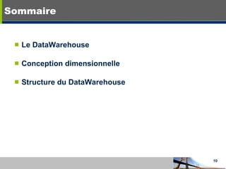 Sommaire Le DataWarehouse Conception dimensionnelle Structure du DataWarehouse 