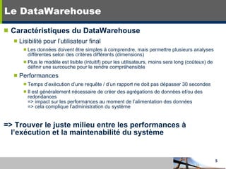 Le DataWarehouse Caractéristiques du DataWarehouse  Lisibilité pour l’utilisateur final Les données doivent être simples à comprendre, mais permettre plusieurs analyses différentes selon des critères différents (dimensions) Plus le modèle est lisible (intuitif) pour les utilisateurs, moins sera long (coûteux) de définir une surcouche pour le rendre compréhensible Performances Temps d’exécution d’une requête / d’un rapport ne doit pas dépasser 30 secondes Il est généralement nécessaire de créer des agrégations de données et/ou des redondances => impact sur les performances au moment de l’alimentation des données => cela complique l’administration du système => Trouver le juste milieu entre les performances à l’exécution et la maintenabilité du système 