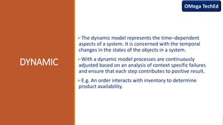DYNAMIC
The dynamic model represents the time–dependent
aspects of a system. It is concerned with the temporal
changes in the states of the objects in a system.
With a dynamic model processes are continuously
adjusted based on an analysis of context specific failures
and ensure that each step contributes to positive result.
E.g. An order interacts with inventory to determine
product availability.
OMega TechEd
 