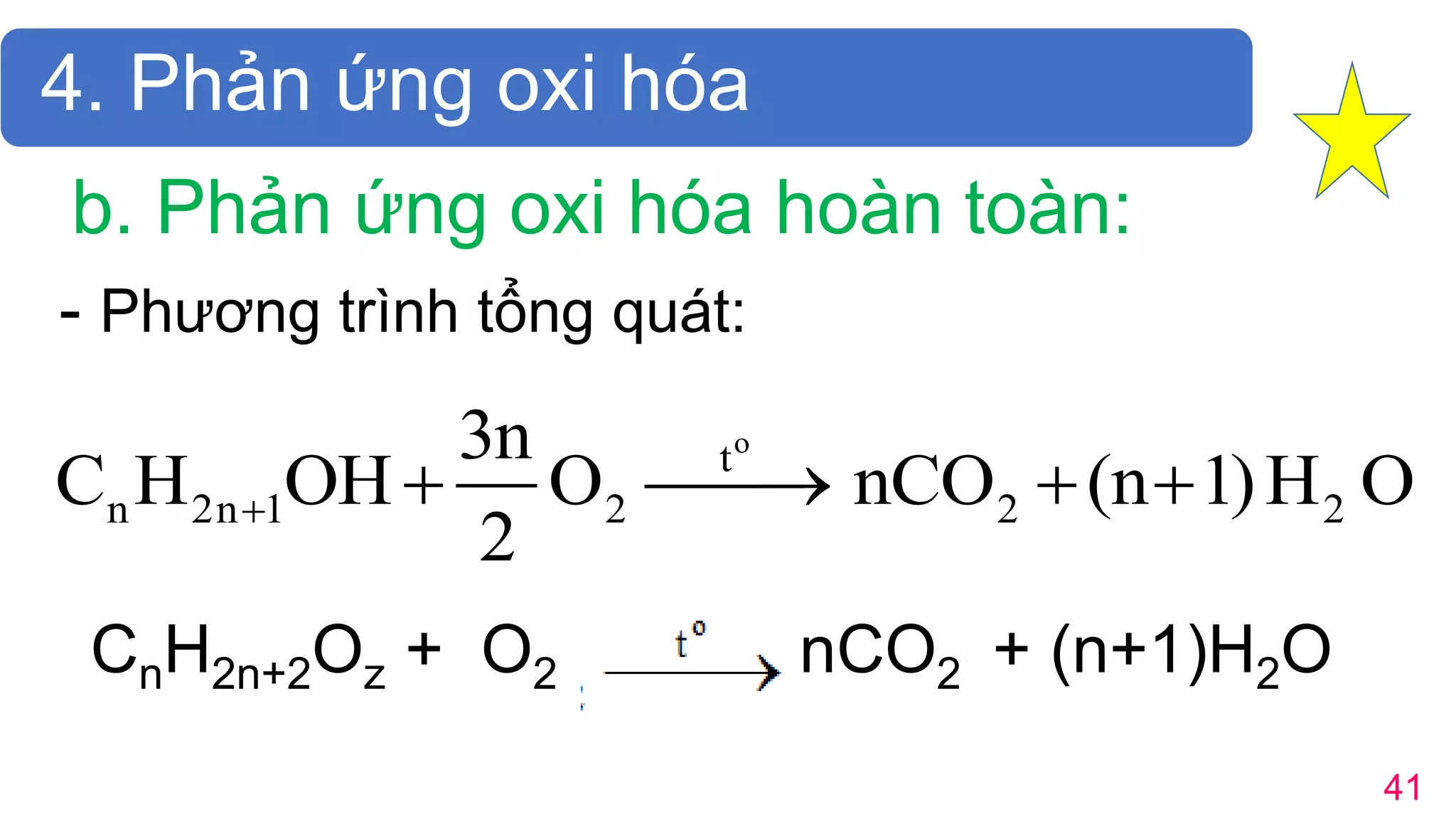 41
b. Phản ứng oxi hóa hoàn toàn:
- Phương trình tổng quát:
o
t
n 2n 1 2 2 2
3n
C H OH O nCO (n 1)H O
2
    
4. Phản ứng oxi hóa
CnH2n+2Oz + O2 nCO2 + (n+1)H2O
 