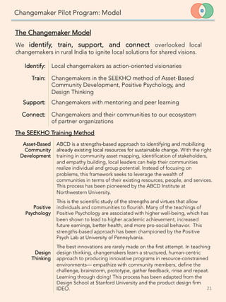 Changemaker Pilot Program: Model
21	
  
We identify, train, support, and connect overlooked local
changemakers in rural India to ignite local solutions for shared visions.
Identify:
 Local changemakers as action-oriented visionaries
Train:
 Changemakers in the SEEKHO method of Asset-Based
Community Development, Positive Psychology, and
Design Thinking
Support:
 Changemakers with mentoring and peer learning
Connect:
 Changemakers and their communities to our ecosystem
of partner organizations
The Changemaker Model
The SEEKHO Training Method
Asset-Based
Community
Development
ABCD is a strengths-based approach to identifying and mobilizing
already existing local resources for sustainable change. With the right
training in community asset mapping, identification of stakeholders,
and empathy building, local leaders can help their communities
realize individual and group potential. Instead of focusing on
problems, this framework seeks to leverage the wealth of
communities in terms of their existing resources, people, and services.
This process has been pioneered by the ABCD Institute at
Northwestern University. 
Positive
Psychology
This is the scientific study of the strengths and virtues that allow
individuals and communities to flourish. Many of the teachings of
Positive Psychology are associated with higher well-being, which has
been shown to lead to higher academic achievement, increased
future earnings, better health, and more pro-social behavior. This
strengths-based approach has been championed by the Positive
Psych Lab at University of Pennsylvania.
Design
Thinking
The best innovations are rarely made on the first attempt. In teaching
design thinking, changemakers learn a structured, human-centric
approach to producing innovative programs in resource-constrained
environments— empathize with community members, define the
challenge, brainstorm, prototype, gather feedback, rinse and repeat.
Learning through doing! This process has been adapted from the
Design School at Stanford University and the product design firm
IDEO.
 