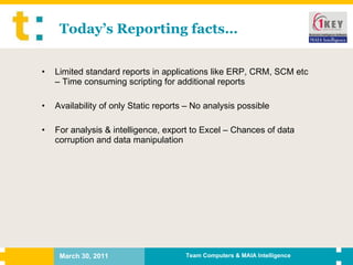 Today’s Reporting facts… Limited standard reports in applications like ERP, CRM, SCM etc – Time consuming scripting for additional reports Availability of only Static reports – No analysis possible For analysis & intelligence, export to Excel – Chances of data corruption and data manipulation 