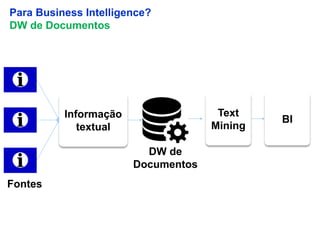 8
Para Business Intelligence?
DW de Documentos
Informação
textual
DW de
Documentos
Fontes
Text
Mining
BI
 