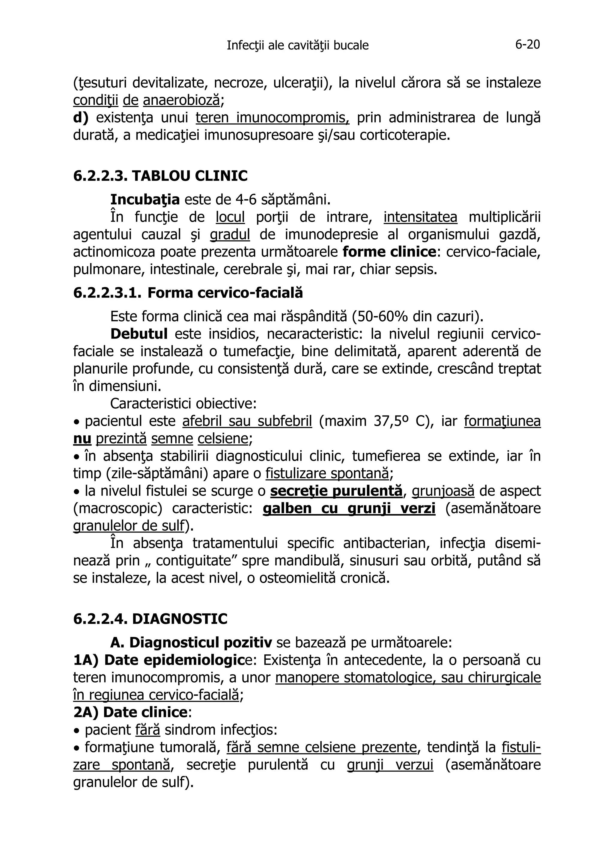 Infecţii ale cavităţii bucale

6-20

(ţesuturi devitalizate, necroze, ulceraţii), la nivelul cărora să se instaleze
condiţii de anaerobioză;
d) existenţa unui teren imunocompromis, prin administrarea de lungă
durată, a medicaţiei imunosupresoare şi/sau corticoterapie.
6.2.2.3. TABLOU CLINIC
Incubaţia este de 4-6 săptămâni.
În funcţie de locul porţii de intrare, intensitatea multiplicării
agentului cauzal şi gradul de imunodepresie al organismului gazdă,
actinomicoza poate prezenta următoarele forme clinice: cervico-faciale,
pulmonare, intestinale, cerebrale şi, mai rar, chiar sepsis.
6.2.2.3.1. Forma cervico-facială
Este forma clinică cea mai răspândită (50-60% din cazuri).
Debutul este insidios, necaracteristic: la nivelul regiunii cervicofaciale se instalează o tumefacţie, bine delimitată, aparent aderentă de
planurile profunde, cu consistenţă dură, care se extinde, crescând treptat
în dimensiuni.
Caracteristici obiective:
• pacientul este afebril sau subfebril (maxim 37,5º C), iar formaţiunea
nu prezintă semne celsiene;
• în absenţa stabilirii diagnosticului clinic, tumefierea se extinde, iar în
timp (zile-săptămâni) apare o fistulizare spontană;
• la nivelul fistulei se scurge o secreţie purulentă, grunjoasă de aspect
(macroscopic) caracteristic: galben cu grunji verzi (asemănătoare
granulelor de sulf).
În absenţa tratamentului specific antibacterian, infecţia diseminează prin „ contiguitate” spre mandibulă, sinusuri sau orbită, putând să
se instaleze, la acest nivel, o osteomielită cronică.
6.2.2.4. DIAGNOSTIC
A. Diagnosticul pozitiv se bazează pe următoarele:
1A) Date epidemiologice: Existenţa în antecedente, la o persoană cu
teren imunocompromis, a unor manopere stomatologice, sau chirurgicale
în regiunea cervico-facială;
2A) Date clinice:
• pacient fără sindrom infecţios:
• formaţiune tumorală, fără semne celsiene prezente, tendinţă la fistulizare spontană, secreţie purulentă cu grunji verzui (asemănătoare
granulelor de sulf).

 
