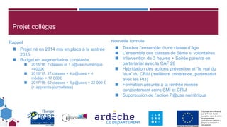 Ce projet est cofinancé
par le Fonds social
européen dans le cadre
du programme
opérationnel national «
Emploi et Inclusion »
2014-2020
Projet collèges
Rappel
◼ Projet né en 2014 mis en place à la rentrée
2015
◼ Budget en augmentation constante
◼ 2015/16: 7 classes et 1 p@use numérique
4000€≃
◼ 2016/17: 37 classes + 4 p@uses + 4
médias 17 000€≃
◼ 2017/18: 52 classes + 8 p@uses 22 000 €≃
(+ apprentis journalistes)
Nouvelle formule:
◼ Toucher l’ensemble d’une classe d’âge
◼ L’ensemble des classes de 5ème si volontaires
◼ Intervention de 3 heures + Soirée parents en
partenariat avec la CAF 26
◼ Hybridation des actions prévention et “le vrai du
faux” du CRIJ (meilleure cohérence, partenariat
avec les PIJ)
◼ Formation assurée à la rentrée menée
conjointement entre SMI et CRIJ
◼ Suppression de l’action P@use numérique
 