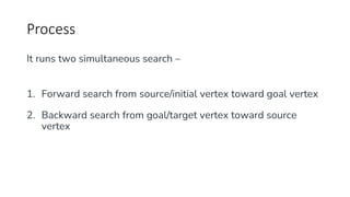 Process
It runs two simultaneous search –
1. Forward search from source/initial vertex toward goal vertex
2. Backward search from goal/target vertex toward source
vertex
 