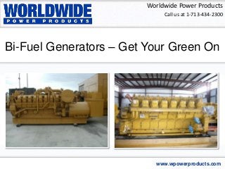 Bi-Fuel Generators – Get Your Green On
Worldwide Power Products
www.wpowerproducts.com
Call us at 1-713-434-2300
 