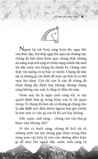 Bñ mêåt cuãa May Mùæn




   Ngûúåc laåi vúái Nott, saáng höm àoá, ngay khi
vûâa thûác dêåy, Sid thêëy ngay kïët quaã cuãa nhûäng viïåc
chaâng àaä laâm àïm höm qua: chaâng thêëy nhûäng
tia nùæng mùåt trúâi raång rúä chiïëu saáng maãnh àêët tûúi
töët àêìy nûúác maâ chaâng àaä chuêín bõ. Chaâng caãm
thêëy vui sûúáng vaâ tûå haâo vïì mònh. Chaâng àaä laâm
têët caã nhûäng gò cêìn thiïët àïí möåt cêy böën laá coá thïí
moåc lïn àûúåc. Giúâ chó coân laâ vêën àïì chaâng àaä
choån àuáng àõa àiïím hay khöng, nhûng chaâng
cuäng khöng coân mêëy lo lùæng vïì àiïìu àoá nûäa.
    Höm nay àaä laâ ngaây cuöëi cuâng röìi, vò vêåy
quyïët àõnh laâm gò trong höm nay laâ rêët quan
troång. Vò chaâng àaä laâm têët caã nhûäng gò chaâng cho
laâ cêìn thiïët nïn àiïìu khön ngoan bêy giúâ chñnh
laâ tòm xem coá viïåc gò coân bõ boã soát hay khöng.
  Àêët, nûúác, aánh saáng… chaâng coân cêìn thûá gò
khaác nûäa khöng nhó?
   Vò thïë caã buöíi saáng, chaâng ài hoãi têët caã
nhûäng sinh vêåt maâ chaâng gùåp àûúåc trong khu
rûâng xem cêy böën laá coân cêìn nhûäng àiïìu kiïån
gò àïí moåc lïn ngoaâi àêët, nûúác, aánh saáng vaâ
                             83
 