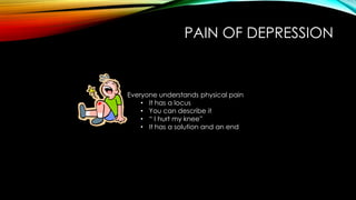 PAIN OF DEPRESSION
Everyone understands physical pain
• It has a locus
• You can describe it
• “ I hurt my knee”
• It has a solution and an end
 