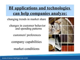 BI applications and technologies  can help companies analyze: changing trends in market share  changes in customer behavior and spending patterns  customers' preferences company capabilities  market conditions  