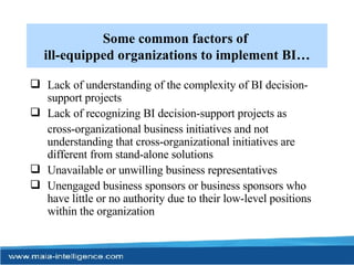 Some common factors of  ill-equipped organizations to implement BI… Lack of understanding of the complexity of BI decision-support projects Lack of recognizing BI decision-support projects as  cross-organizational business initiatives and not understanding that cross-organizational initiatives are different from stand-alone solutions Unavailable or unwilling business representatives Unengaged business sponsors or business sponsors who have little or no authority due to their low-level positions within the organization 