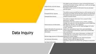 Data Inquiry
Simple Ad Hoc real time inquiry
The ability to enter and execute a query retrieving information,
containing i...