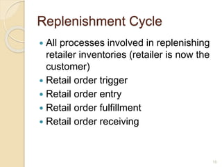 Replenishment Cycle
 All processes involved in replenishing
retailer inventories (retailer is now the
customer)
 Retail order trigger
 Retail order entry
 Retail order fulfillment
 Retail order receiving
15
 