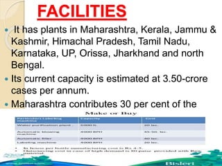 FACILITIES
 It has plants in Maharashtra, Kerala, Jammu &
Kashmir, Himachal Pradesh, Tamil Nadu,
Karnataka, UP, Orissa, Jharkhand and north
Bengal.
 Its current capacity is estimated at 3.50-crore
cases per annum.
 Maharashtra contributes 30 per cent of the
company’s total sales.
 