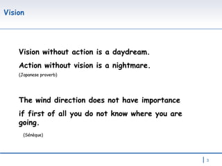 Vision Vision without action is a daydream.  Action without vision is a nightmare.  (Japanese proverb) The wind direction does not have importance  if first of all you do not know where you are going.   (Sénèque) 