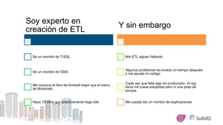 Soy experto en
creación de ETL
Se un montón de T-SQL
Sé un montón de SSIS
Me conozco el libro de Kimball mejor que el menú...