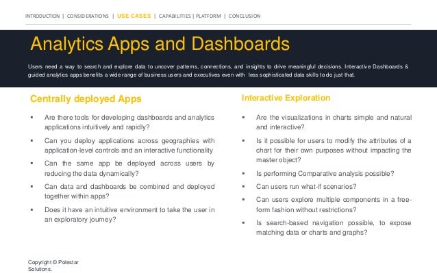 INTRODUCTION | CONSIDERATIONS | USE CASES | CAPABILITIES | PLATFORM | CONCLUSION
Analytics Apps and Dashboards
Users need a way to search and explore data to uncover patterns, connections, and insights to drive meaningful decisions. Interactive Dashboards &
guided analytics apps benefits a wide range of business users and executives even with less sophisticated data skills to do just that.
Centrally deployed Apps Interactive Exploration
 Are there tools for developing dashboards and analytics
applications intuitively and rapidly?
 Can you deploy applications across geographies with
application-level controls and an interactive functionality
 Can the same app be deployed across users by
reducing the data dynamically?
 Can data and dashboards be combined and deployed
together within apps?
 Does it have an intuitive environment to take the user in
an exploratory journey?
 Are the visualizations in charts simple and natural
and interactive?
 Is it possible for users to modify the attributes of a
chart for their own purposes without impacting the
master object?
 Is performing Comparative analysis possible?
 Can users run what-if scenarios?
 Can users explore multiple components in a free-
form fashion without restrictions?
 Is search-based navigation possible, to expose
matching data or charts and graphs?
Copyright © Polestar
Solutions.
 